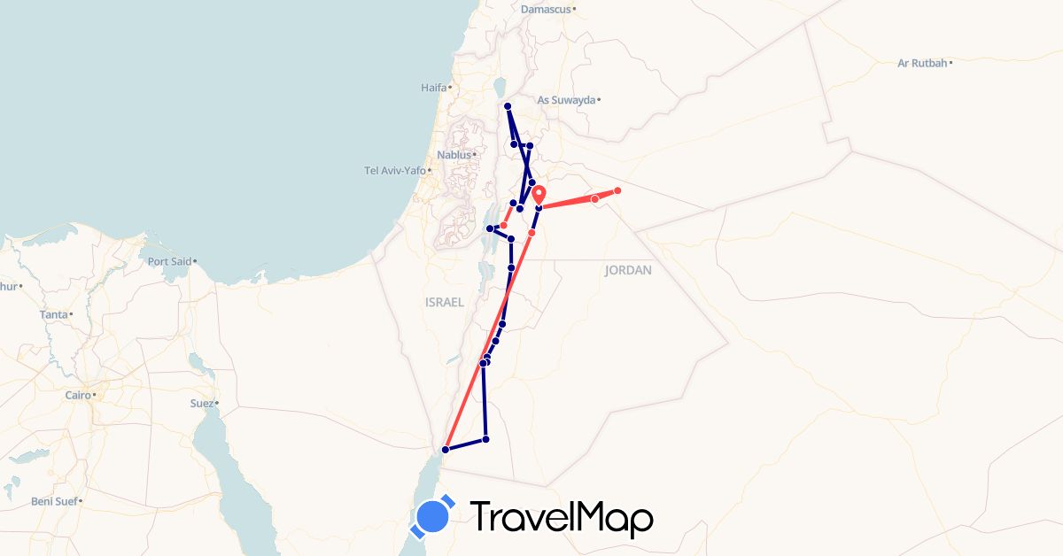 TravelMap itinerary: driving, hiking in Jordan, Palestinian Territories (Asia)