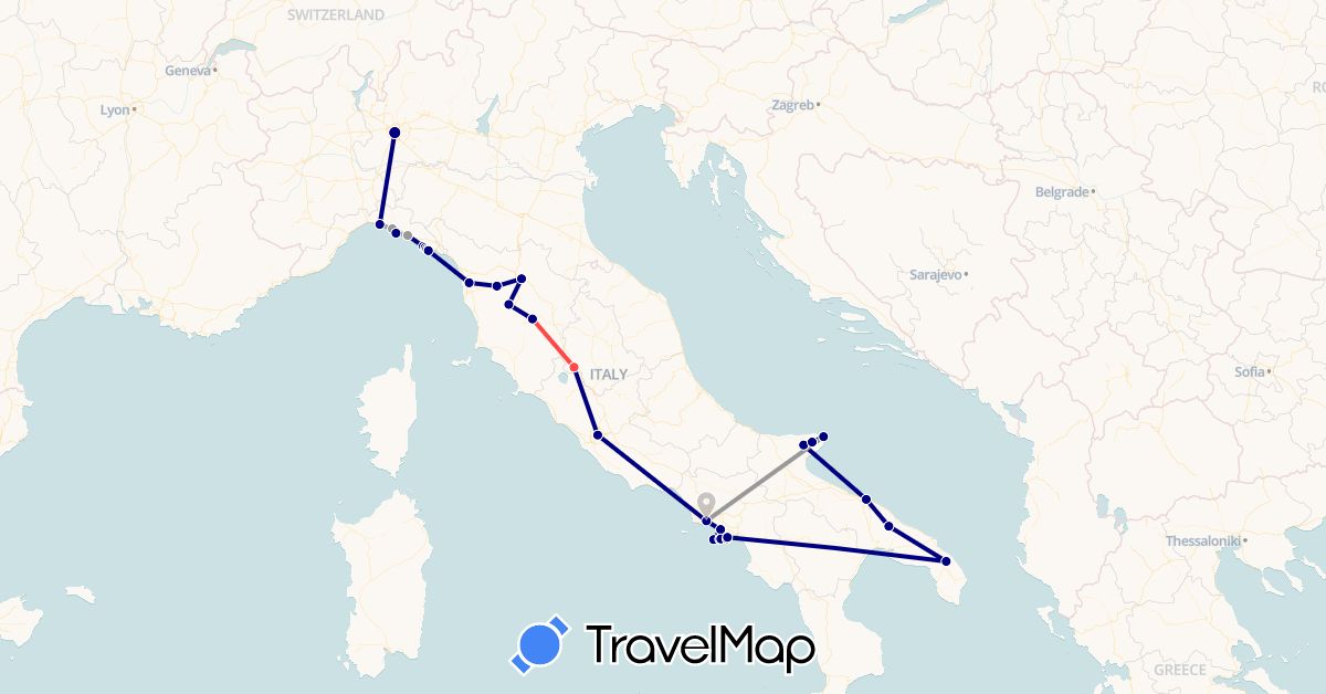 TravelMap itinerary: driving, plane, hiking in Italy (Europe)